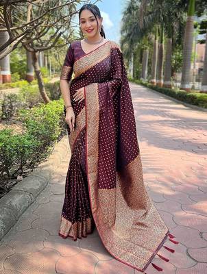 Maroon ethnic motifs zari satin banarasi saree 1