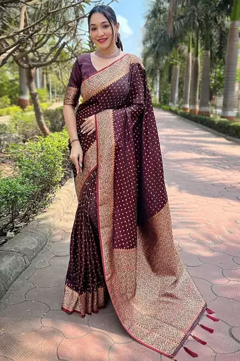 Maroon ethnic motifs zari satin banarasi saree