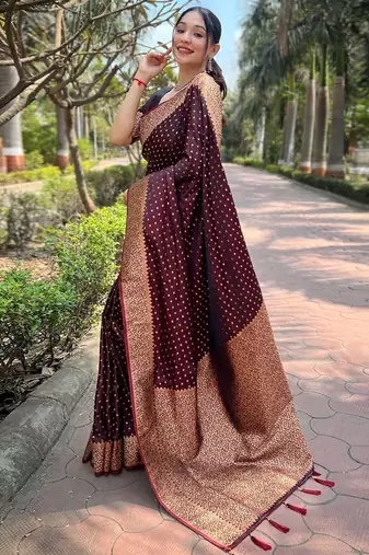 Maroon ethnic motifs zari satin banarasi saree