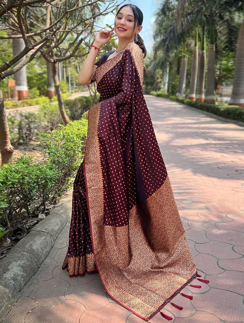 Maroon ethnic motifs zari satin banarasi saree