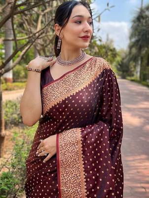 Maroon ethnic motifs zari satin banarasi saree 3