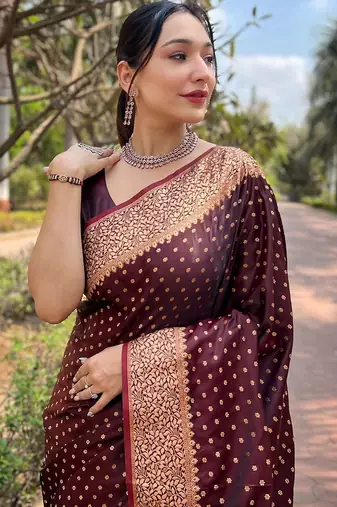 Maroon ethnic motifs zari satin banarasi saree