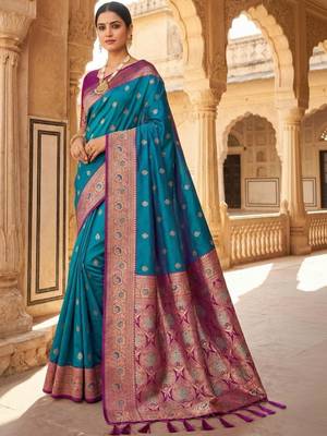 Teal ethnic motifs zari silk blend handloom banarasi saree 1