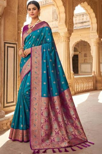 Teal ethnic motifs zari silk blend handloom banarasi saree