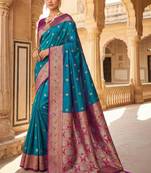 Teal ethnic motifs zari silk blend handloom banarasi saree