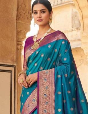 Teal ethnic motifs zari silk blend handloom banarasi saree 2