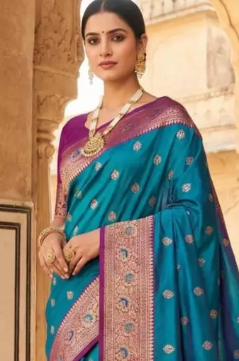Teal ethnic motifs zari silk blend handloom banarasi saree