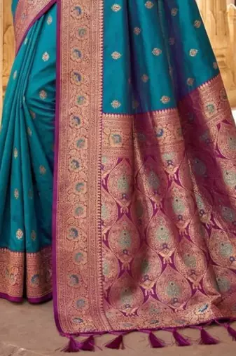 Teal ethnic motifs zari silk blend handloom banarasi saree