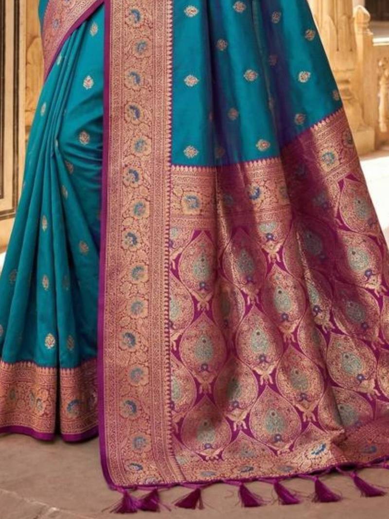 Teal ethnic motifs zari silk blend handloom banarasi saree