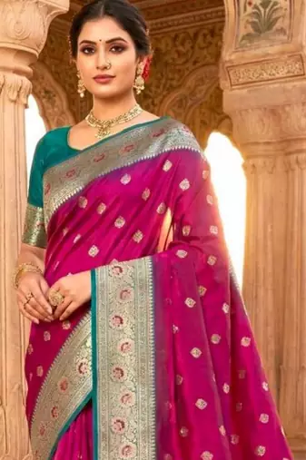 Magenta ethnic motifs zari silk blend heavy work banarasi saree