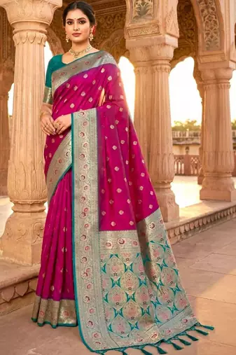 Magenta ethnic motifs zari silk blend heavy work banarasi saree
