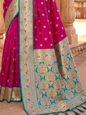 Magenta ethnic motifs zari silk blend heavy work banarasi saree 3