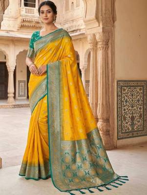 Yellow ethnic motifs zari silk blend heavy work banarasi saree 1