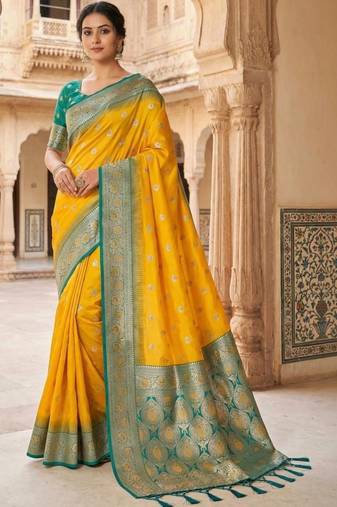 Yellow ethnic motifs zari silk blend heavy work banarasi saree