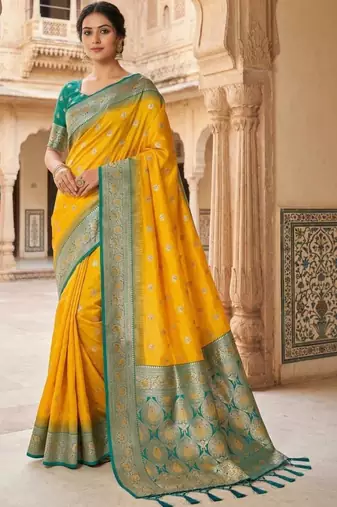 Yellow ethnic motifs zari silk blend heavy work banarasi saree