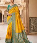 Yellow ethnic motifs zari silk blend heavy work banarasi saree
