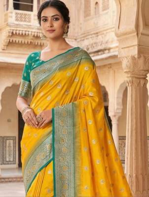 Yellow ethnic motifs zari silk blend heavy work banarasi saree 2