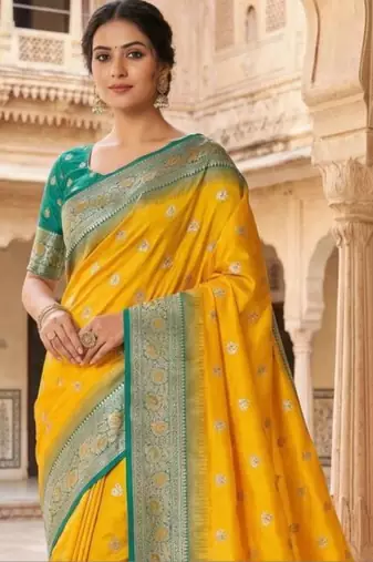 Yellow ethnic motifs zari silk blend heavy work banarasi saree
