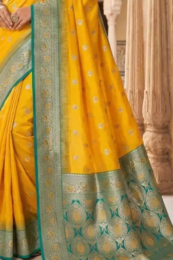 Yellow ethnic motifs zari silk blend heavy work banarasi saree