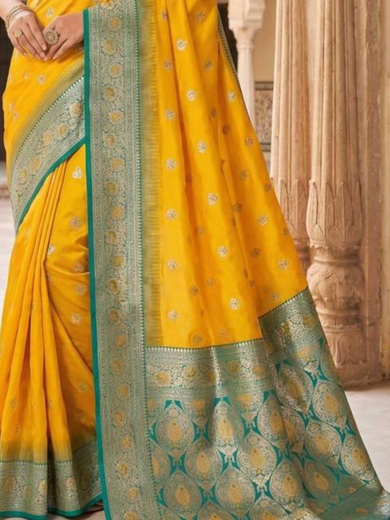 Yellow ethnic motifs zari silk blend heavy work banarasi saree