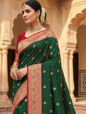 Green ethnic motifs zari silk blend banarasi saree 1