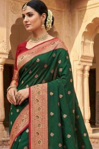 Green ethnic motifs zari silk blend banarasi saree