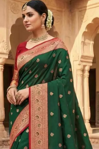Green ethnic motifs zari silk blend banarasi saree