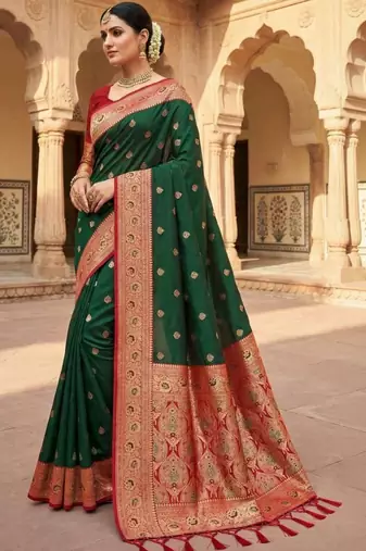 Green ethnic motifs zari silk blend banarasi saree