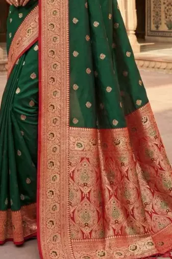 Green ethnic motifs zari silk blend banarasi saree