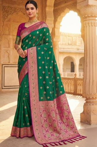Green ethnic motifs zari silk blend handloom banarasi saree