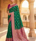 Green ethnic motifs zari silk blend handloom banarasi saree
