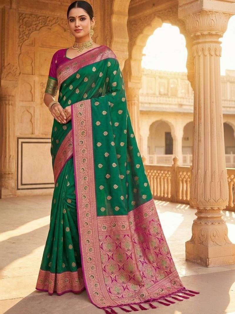Green ethnic motifs zari silk blend handloom banarasi saree