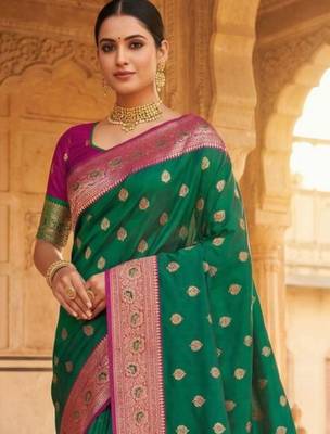 Green ethnic motifs zari silk blend handloom banarasi saree 2
