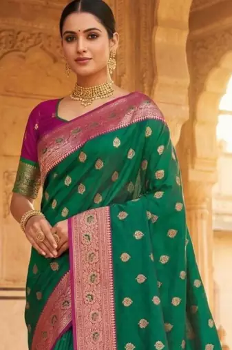 Green ethnic motifs zari silk blend handloom banarasi saree