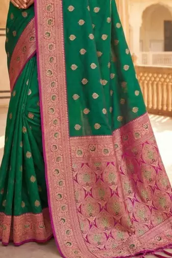 Green ethnic motifs zari silk blend handloom banarasi saree