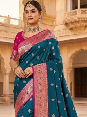 Teal ethnic motifs zari silk blend heavy work banarasi saree 1