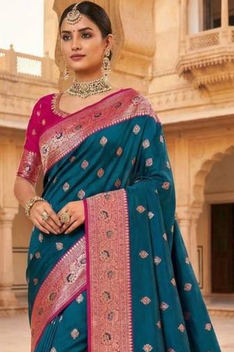 Teal ethnic motifs zari silk blend heavy work banarasi saree