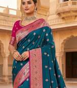 Teal ethnic motifs zari silk blend heavy work banarasi saree