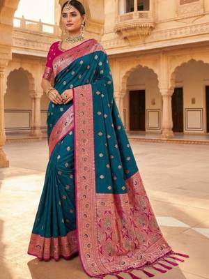 Teal ethnic motifs zari silk blend heavy work banarasi saree 2