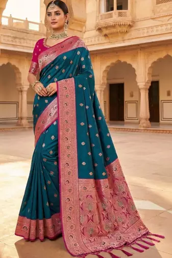 Teal ethnic motifs zari silk blend heavy work banarasi saree