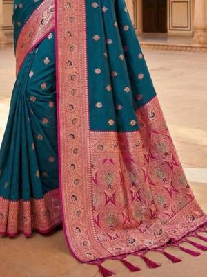 Teal ethnic motifs zari silk blend heavy work banarasi saree 3