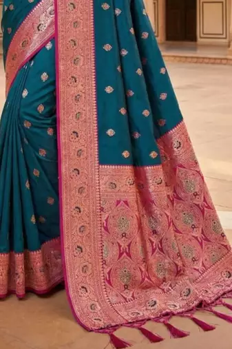 Teal ethnic motifs zari silk blend heavy work banarasi saree