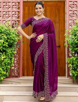 Purple embellished beads and stones tissue saree with unstitched blouse piece 1
