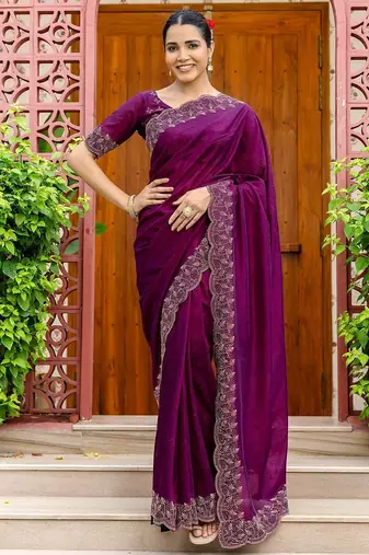 Purple embellished beads and stones tissue saree with unstitched blouse piece