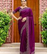 Purple embellished beads and stones tissue saree with unstitched blouse piece