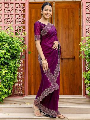 Purple embellished beads and stones tissue saree with unstitched blouse piece 2