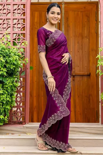 Purple embellished beads and stones tissue saree with unstitched blouse piece