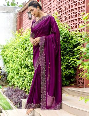 Purple embellished beads and stones tissue saree with unstitched blouse piece 3