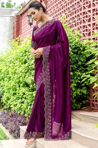 Purple embellished beads and stones tissue saree with unstitched blouse piece