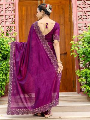 Purple embellished beads and stones tissue saree with unstitched blouse piece 4